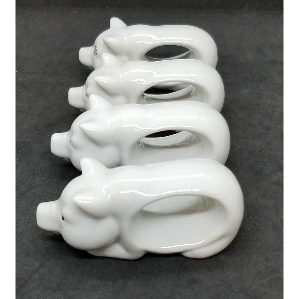 Farmhouse Pig Napkin Rings Holders Country White Porcelain Set of 4 Japan